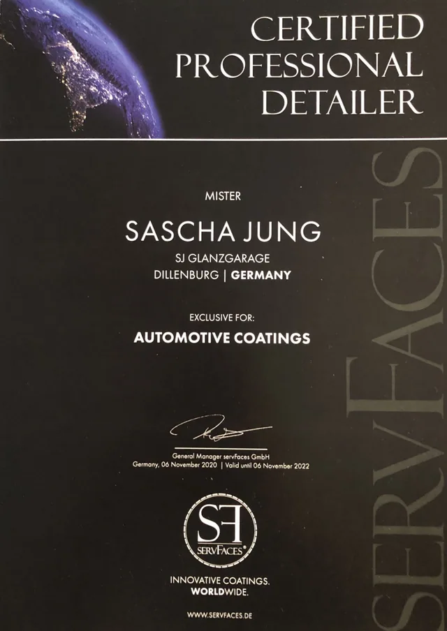 Zertifikat Certified Professional Detailer von ServFaces für Sascha Jung