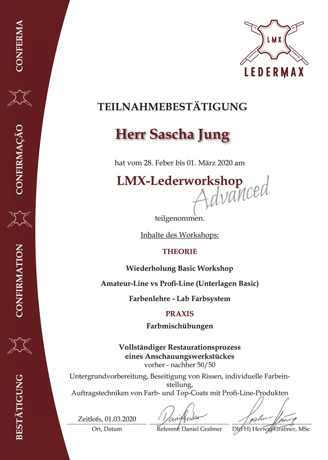 Zertifikat Ledermax Lederworkshop Advanced für Sascha Jung