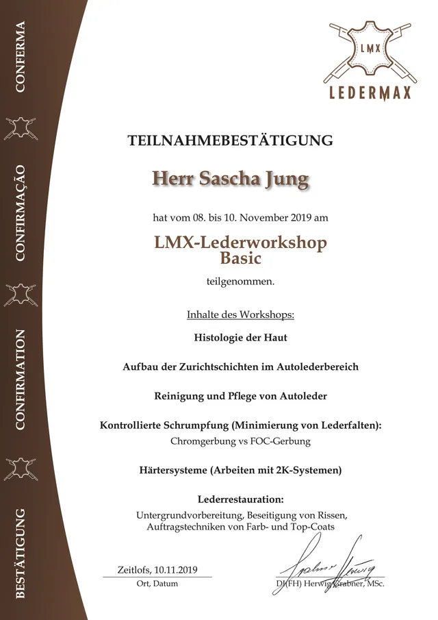Zertifikat Ledermax Lederworkshop Basic für Sascha Jung