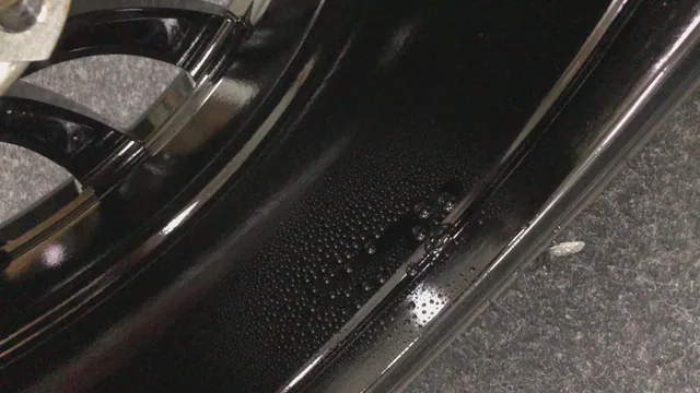 Versiegeltes schwarzes Felgenhorn mit abperlenden Wassertropfen